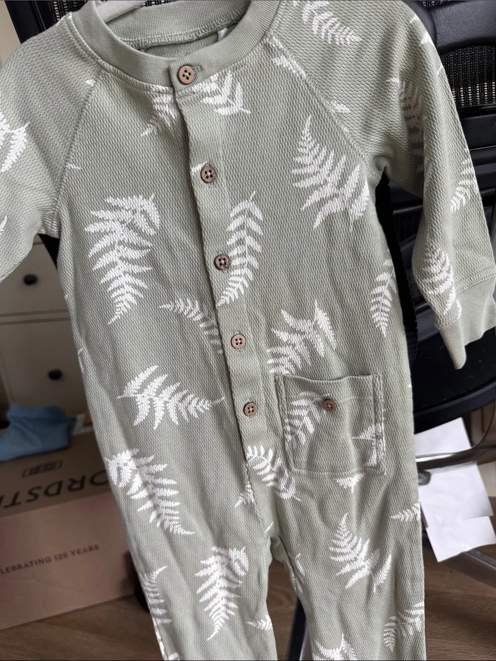 Button-Front Sage Green Fern Print Footed One-Piece